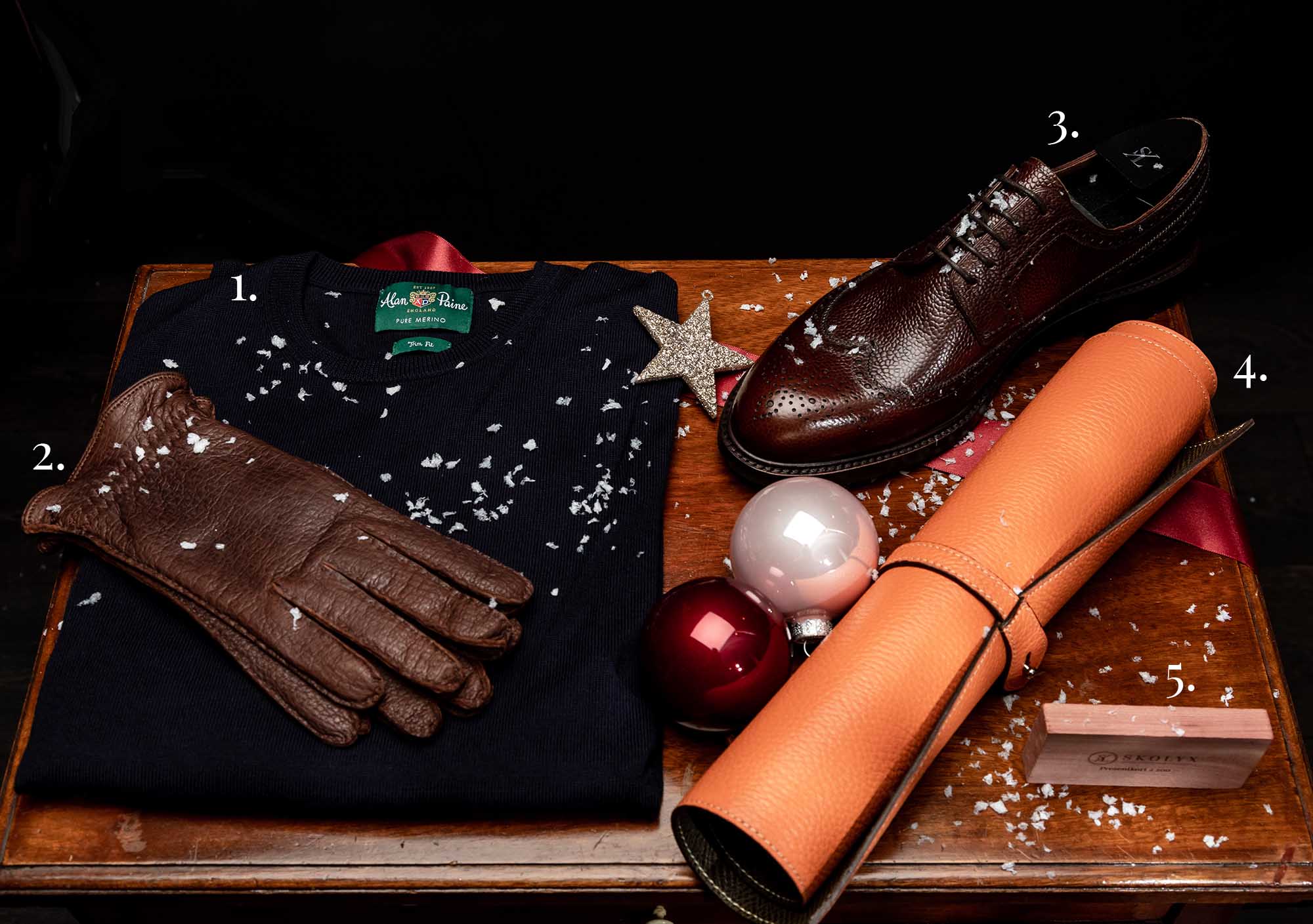 Christmas gift ideas - Alan Paine wool sweater, Hestra peccary gloves, shoe care mat, Goodyear welted longwing brogues